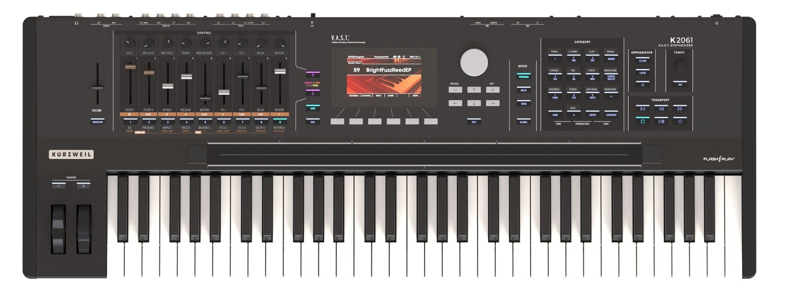 Kurzweil K2061 61-Key V.A.S.T. Synthesizer Workstation semi-weighted synth action with velocity and pressure (aftertouch) sensitive adjustable keys (Fatar TP/9) Mac OS X, Windows compatible