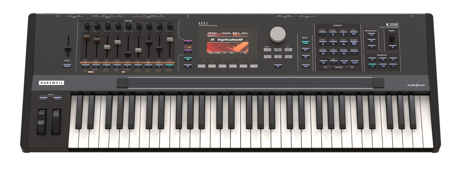 Kurzweil K2061 61-Key V.A.S.T. Synthesizer Workstation semi-weighted synth action with velocity and pressure (aftertouch) sensitive adjustable keys (Fatar TP/9) Mac OS X, Windows compatible - Image 2
